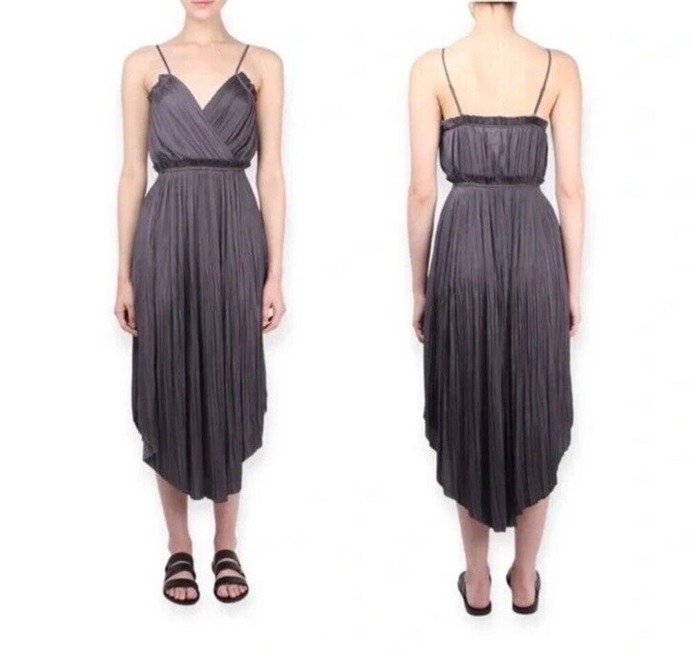 Ulla Johnson Galina Pliss Pleats Midi Dress Satin Slip On Midnight Sz 0 Cocktail